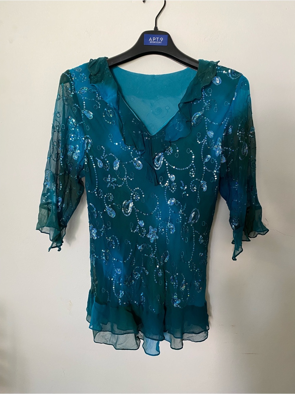 100%silk Teal Sequined Chiffon Women's Top